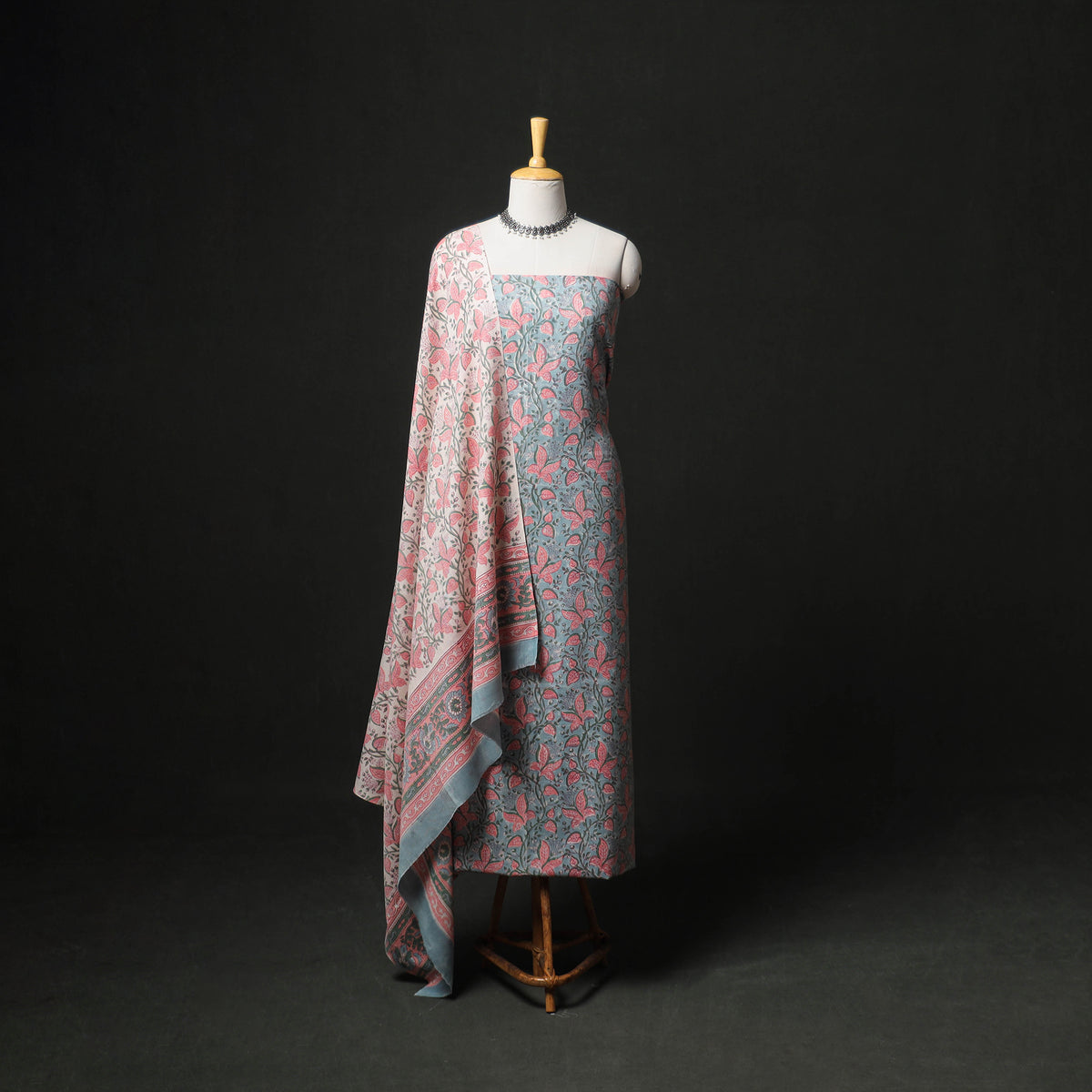 Floral Hand Block Sanganeri Print Woolen Unstitched Dress Material: Kurta, Bottom with Dupatta 27