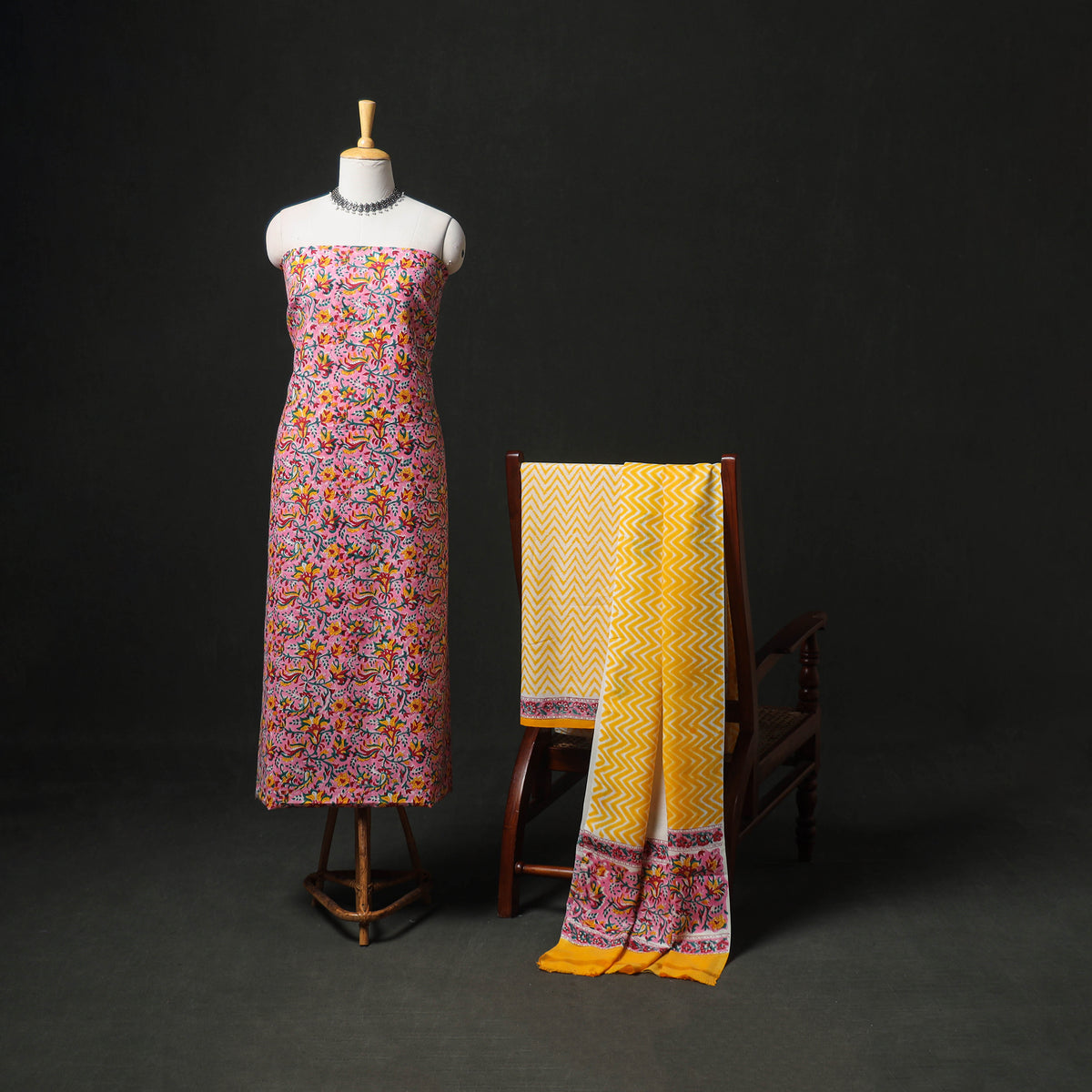 Floral Hand Block Sanganeri Print Woolen Unstitched Dress Material: Kurta, Bottom with Dupatta 28