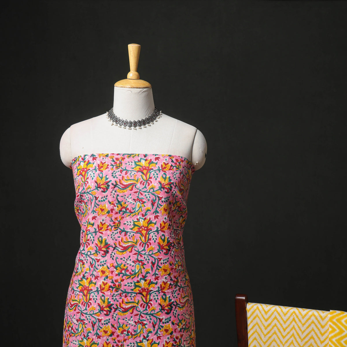 Floral Hand Block Sanganeri Print Woolen Unstitched Dress Material: Kurta, Bottom with Dupatta 28