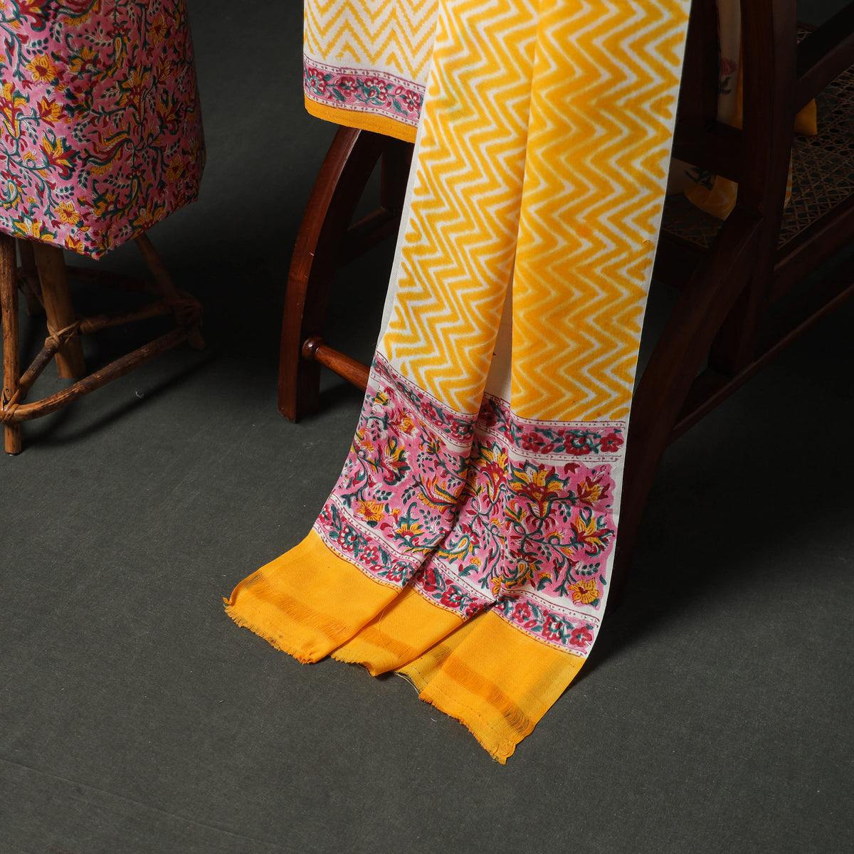 Floral Hand Block Sanganeri Print Woolen Unstitched Dress Material: Kurta, Bottom with Dupatta 28