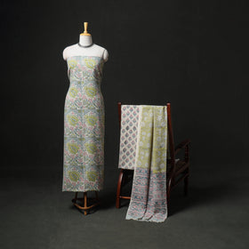 Floral Hand Block Sanganeri Print Woolen Unstitched Dress Material: Kurta, Bottom with Dupatta 29