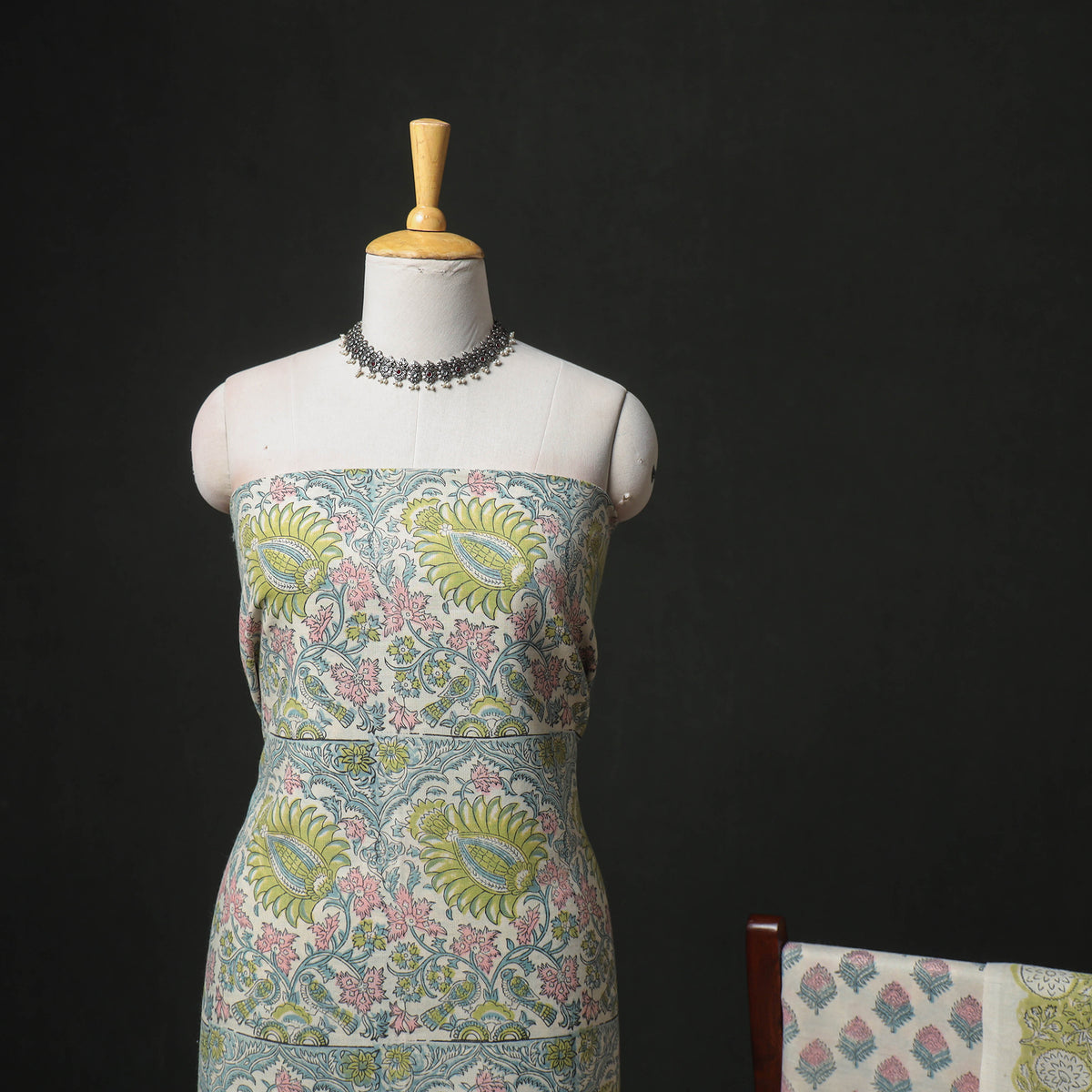Floral Hand Block Sanganeri Print Woolen Unstitched Dress Material: Kurta, Bottom with Dupatta 29