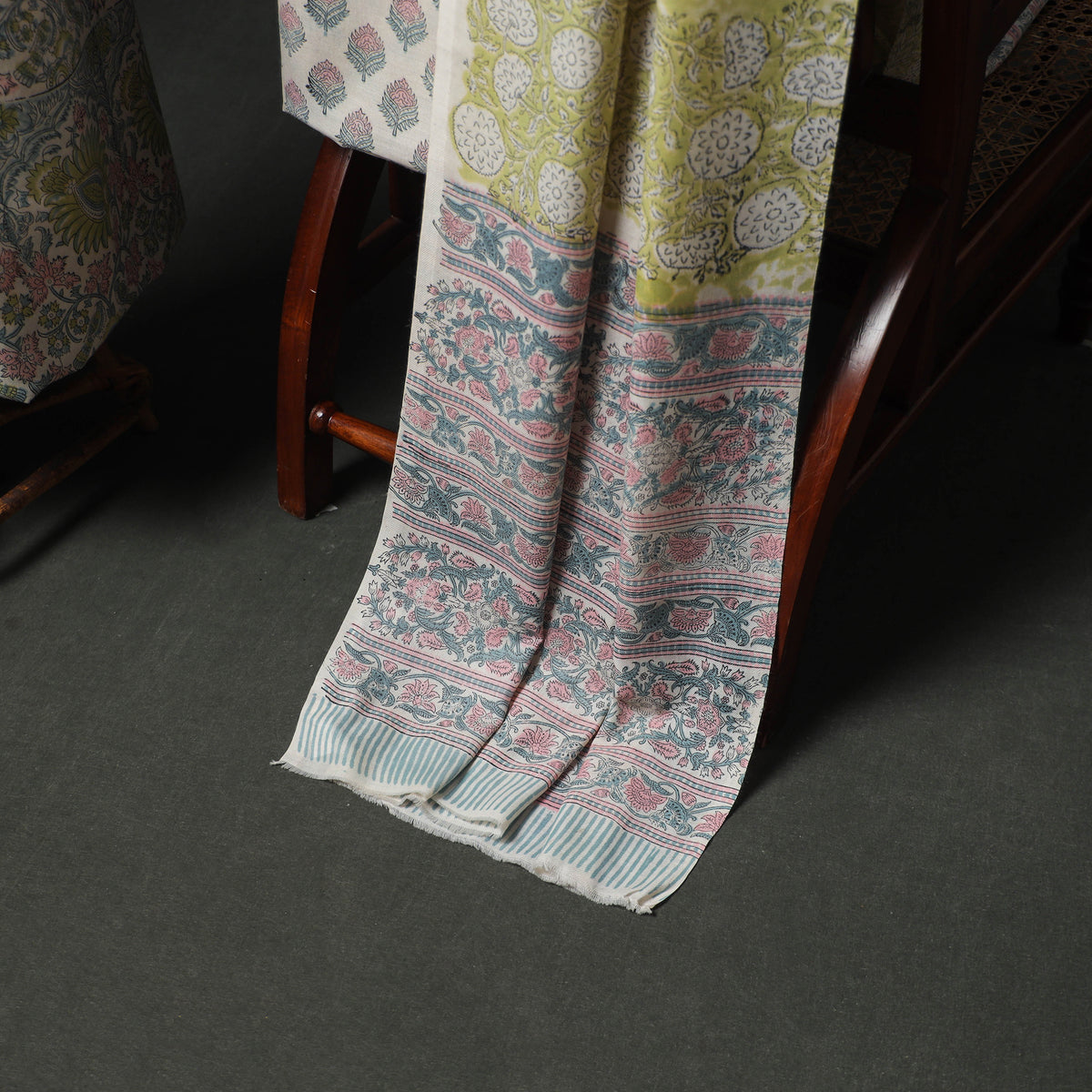 Floral Hand Block Sanganeri Print Woolen Unstitched Dress Material: Kurta, Bottom with Dupatta 29