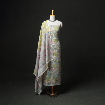 Floral Hand Block Sanganeri Print Woolen Unstitched Dress Material: Kurta, Bottom with Dupatta 29
