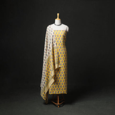 Floral Hand Block Sanganeri Print Woolen Unstitched Dress Material: Kurta, Bottom with Dupatta 30