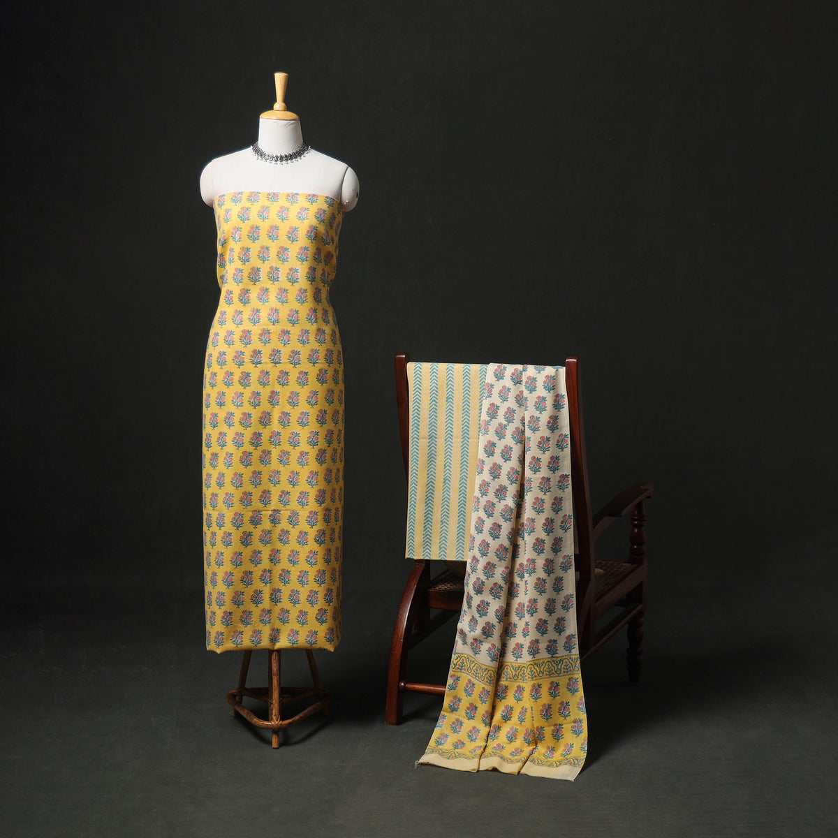 Floral Hand Block Sanganeri Print Woolen Unstitched Dress Material: Kurta, Bottom with Dupatta 30