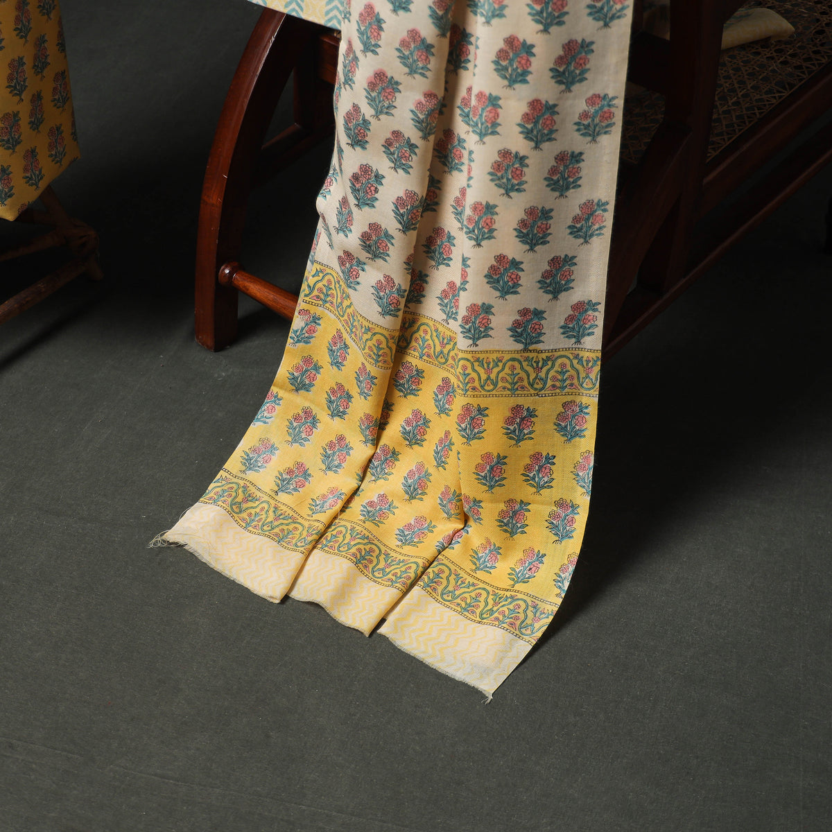 Floral Hand Block Sanganeri Print Woolen Unstitched Dress Material: Kurta, Bottom with Dupatta 30
