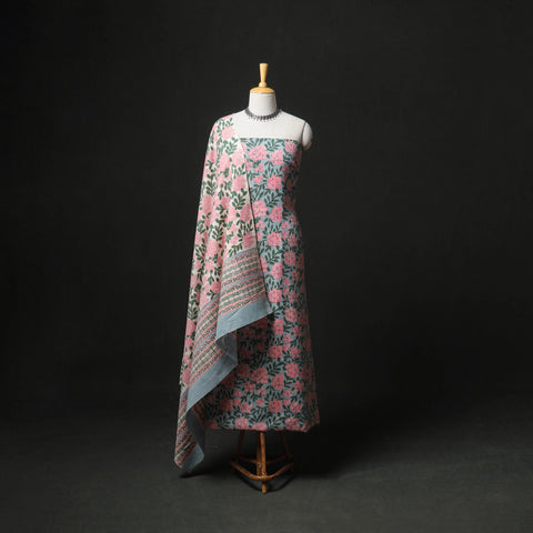 Floral Hand Block Sanganeri Print Woolen Unstitched Dress Material: Kurta, Bottom with Dupatta 31
