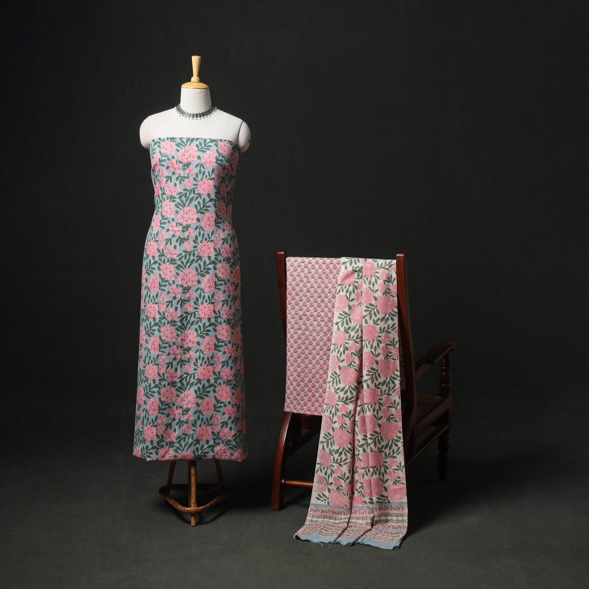 Floral Hand Block Sanganeri Print Woolen Unstitched Dress Material: Kurta, Bottom with Dupatta 31