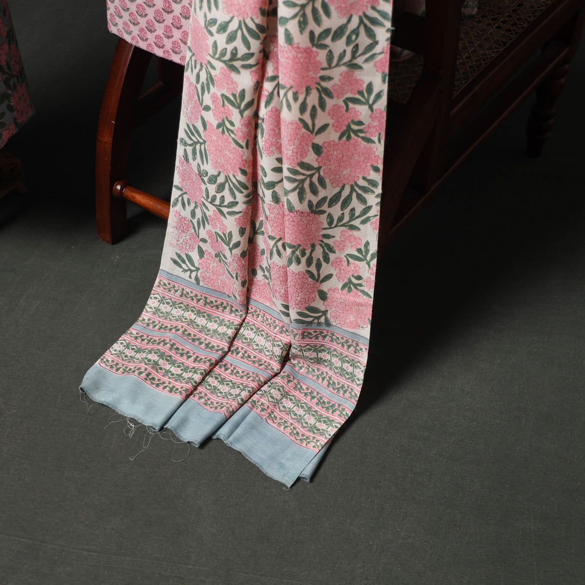 Floral Hand Block Sanganeri Print Woolen Unstitched Dress Material: Kurta, Bottom with Dupatta 31