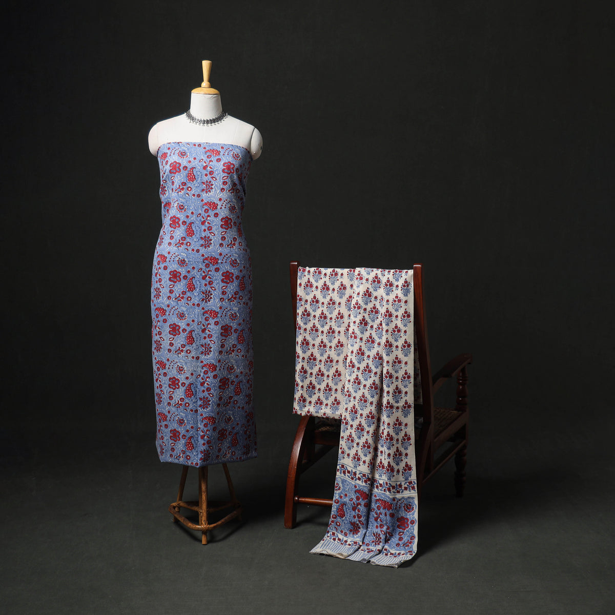 Floral hand block sanganeri print woolen unstitched dress