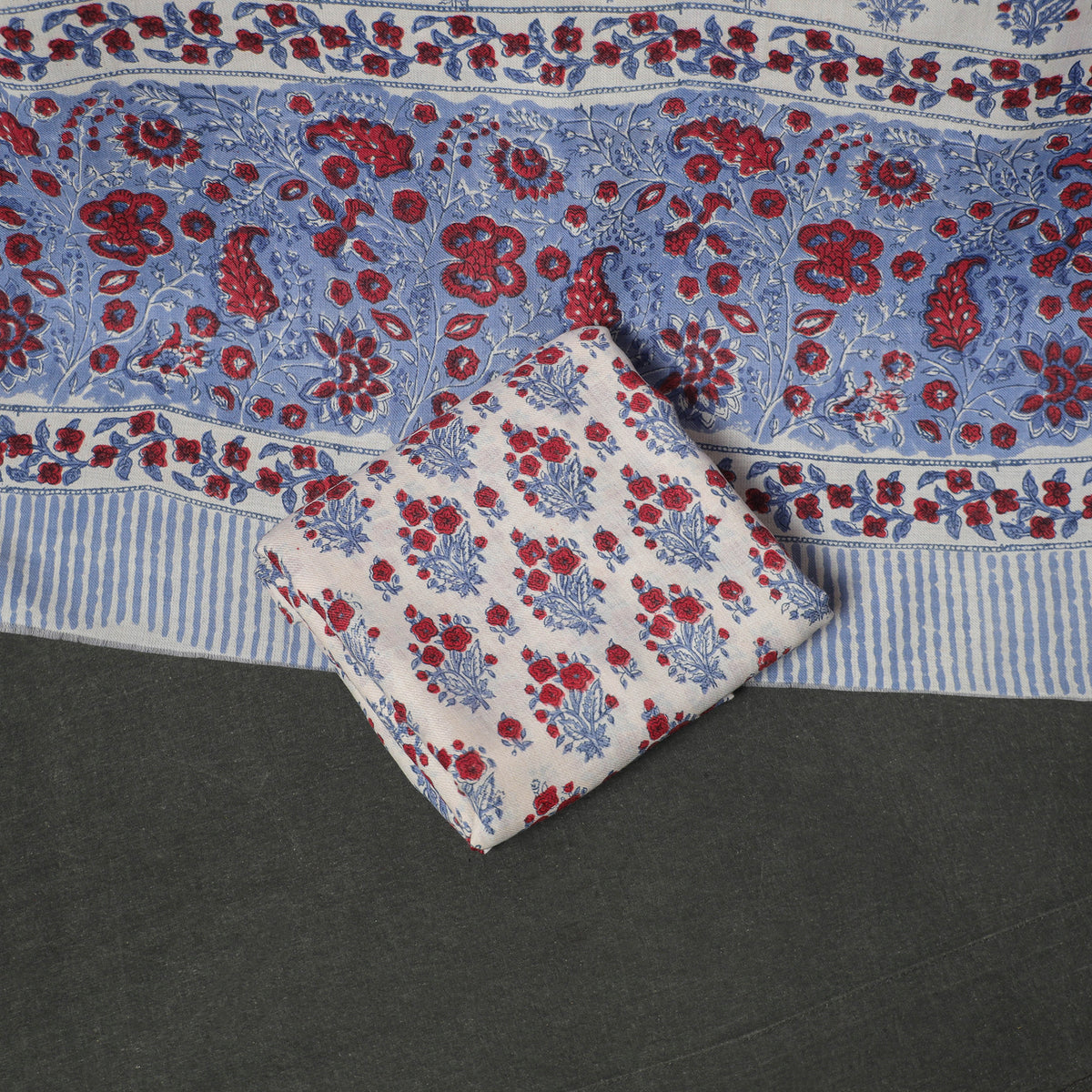 Floral hand block sanganeri print woolen unstitched dress