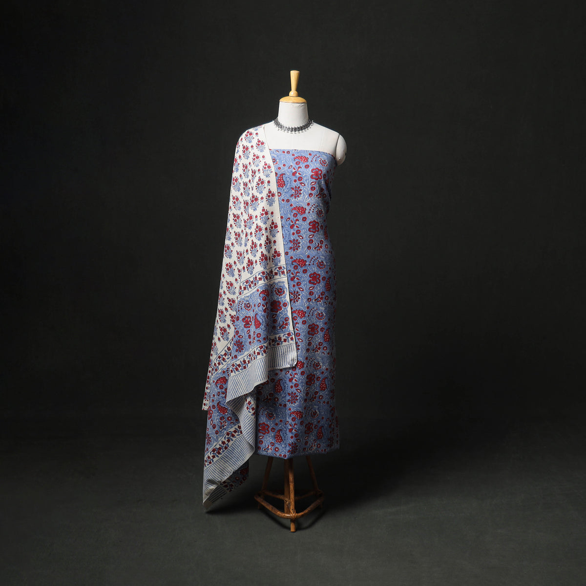 Floral hand block sanganeri print woolen unstitched dress