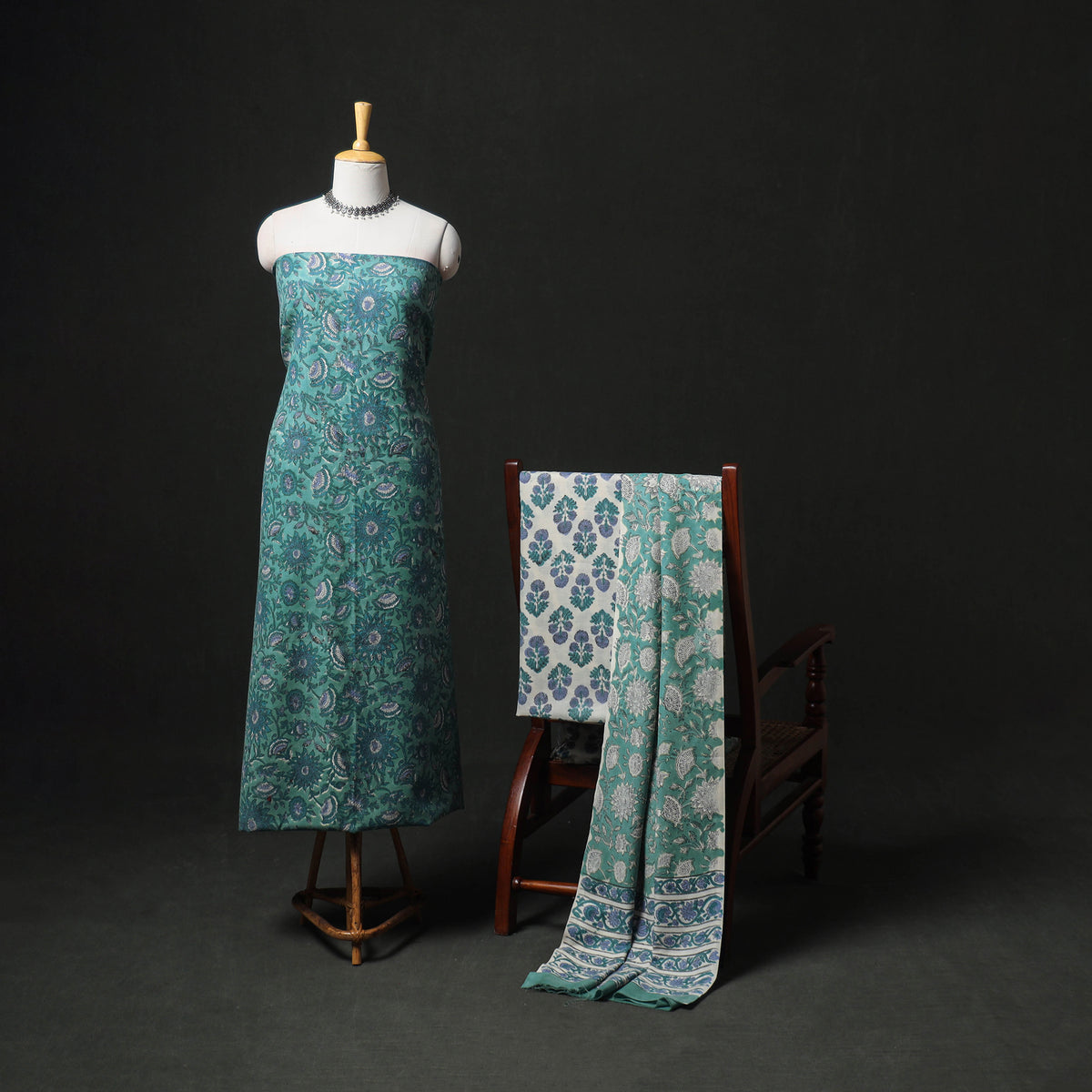 Floral Hand Block Sanganeri Print Woolen Unstitched Dress Material: Kurta, Bottom with Dupatta 33