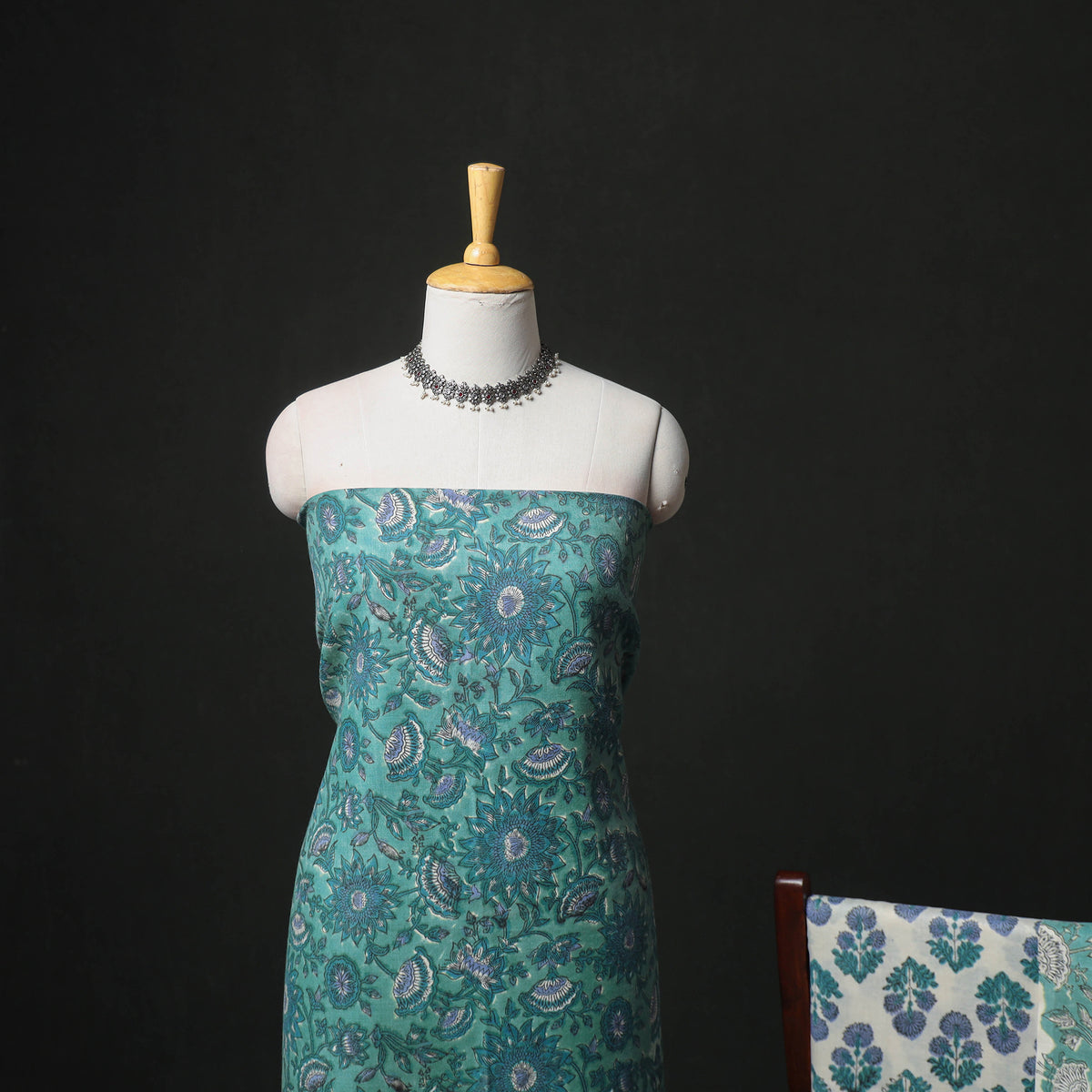 Floral Hand Block Sanganeri Print Woolen Unstitched Dress Material: Kurta, Bottom with Dupatta 33