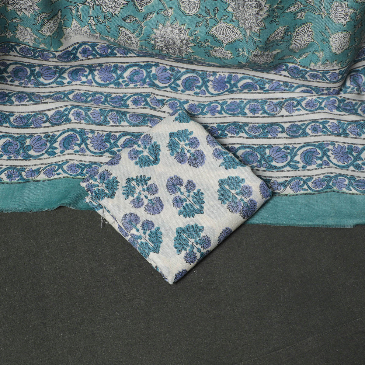 Floral Hand Block Sanganeri Print Woolen Unstitched Dress Material: Kurta, Bottom with Dupatta 33