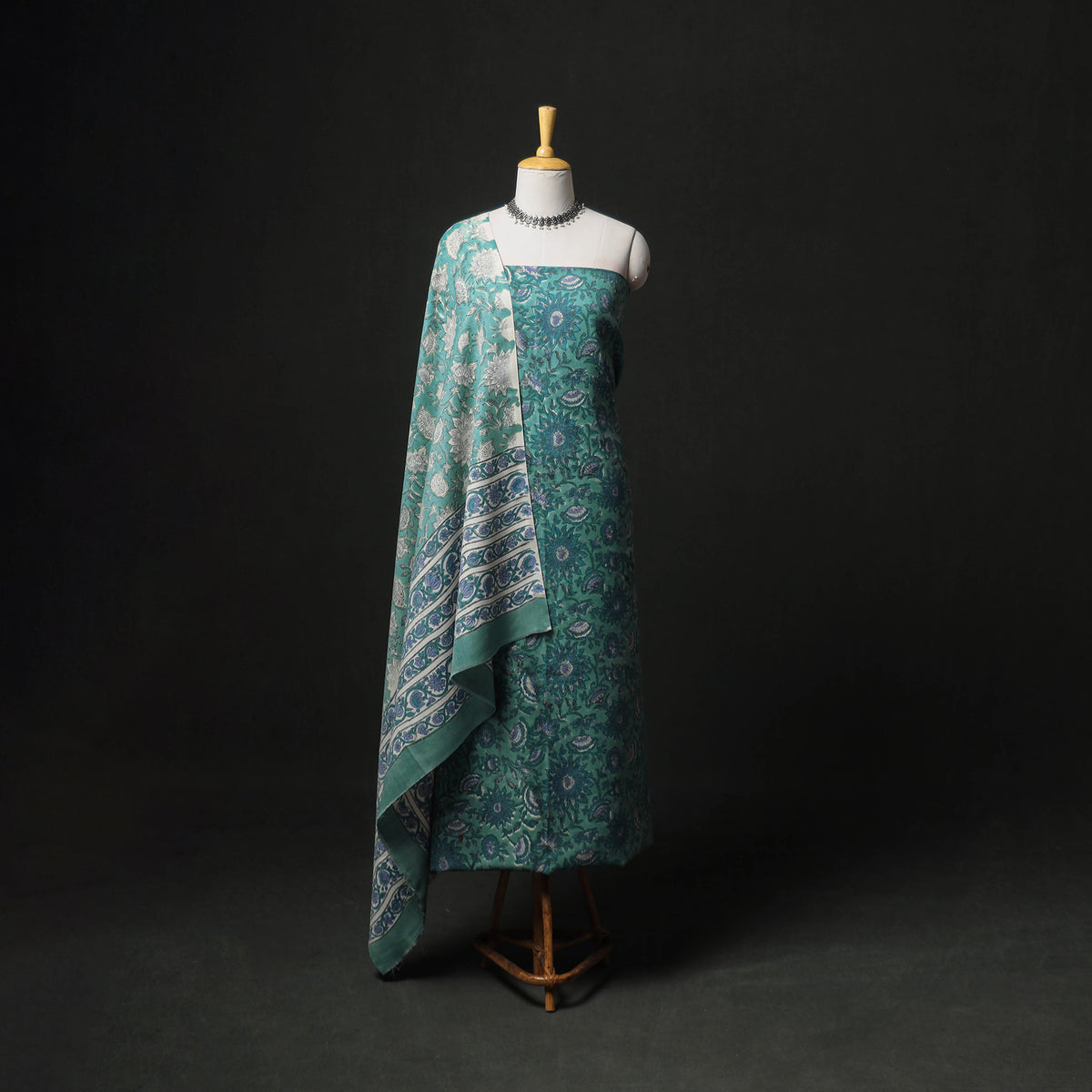 Floral Hand Block Sanganeri Print Woolen Unstitched Dress Material: Kurta, Bottom with Dupatta 33