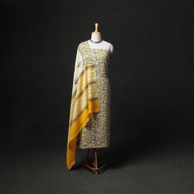 Floral Hand Block Sanganeri Print Woolen Unstitched Dress Material: Kurta, Bottom with Dupatta 34