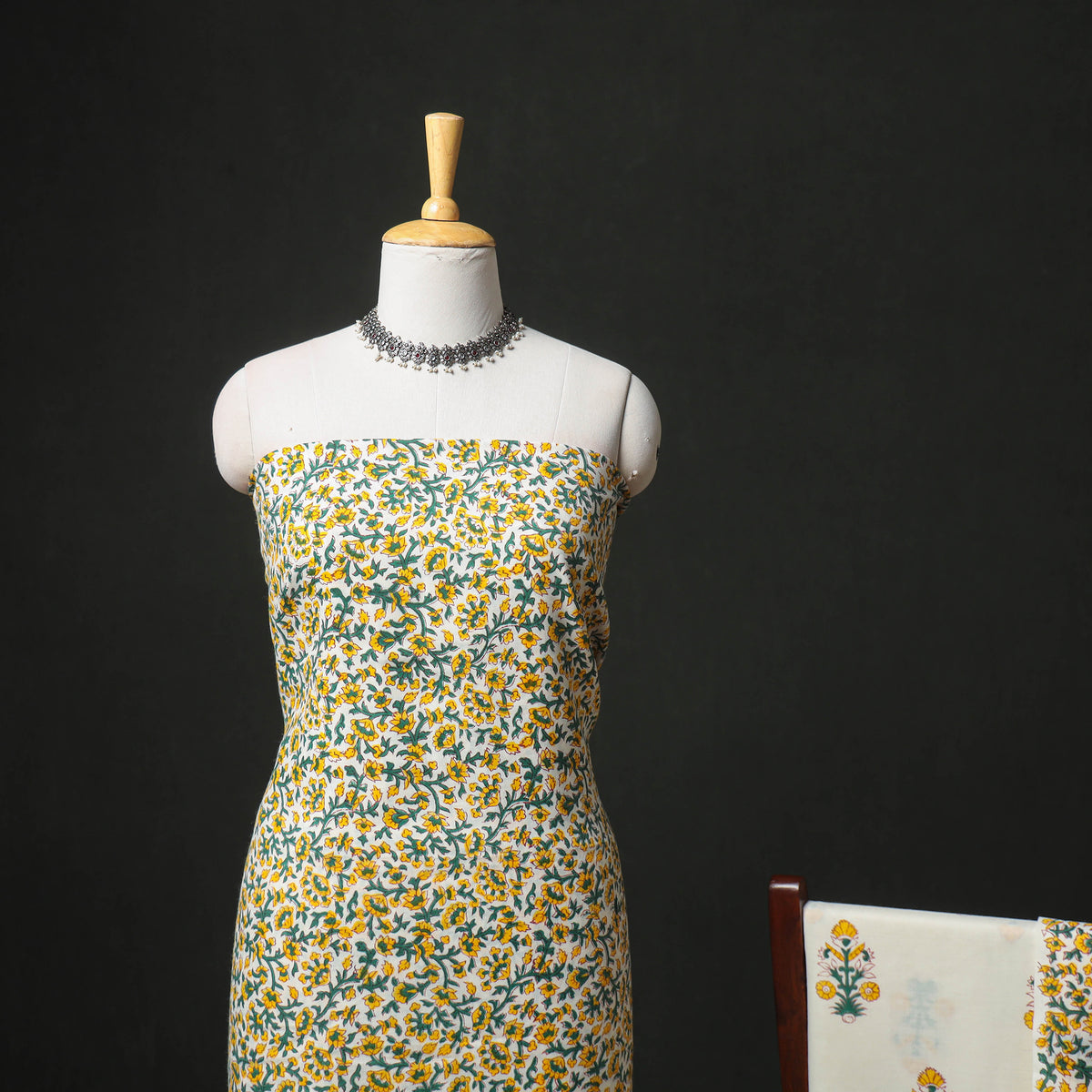 Floral Hand Block Sanganeri Print Woolen Unstitched Dress Material: Kurta, Bottom with Dupatta 34