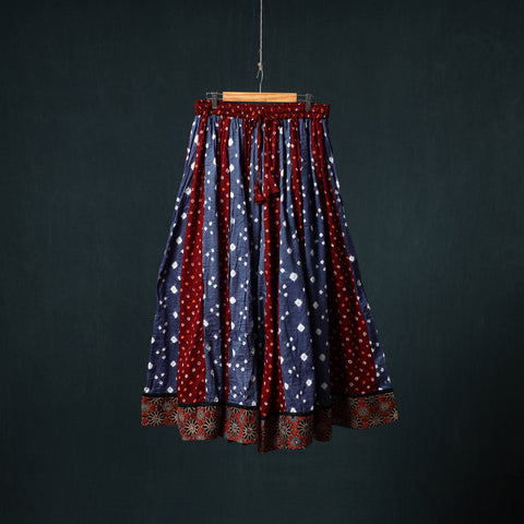 Multicolor - Bandhani Tie-Dye 24 Kali Patchwork Cotton Long Skirt with Ajrakh Border 82