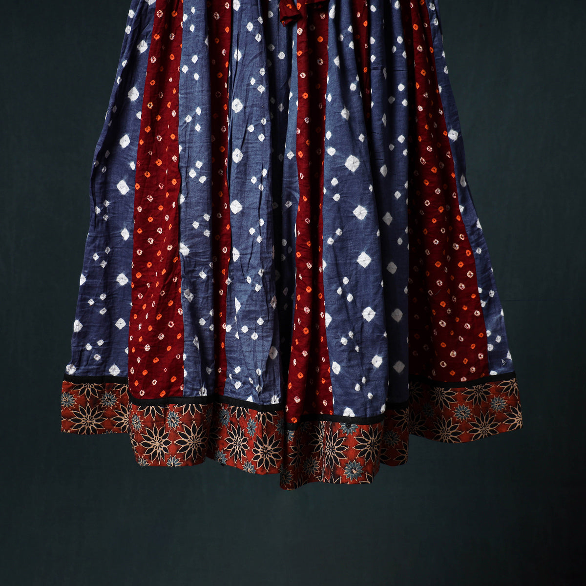 Bandhani Tie-Dye 24 Kali Patchwork Cotton Long Skirt with Ajrakh Border 82