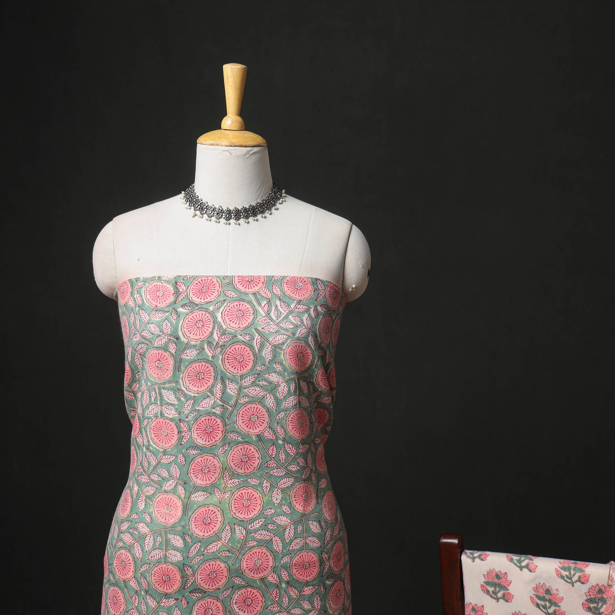 Floral Hand Block Sanganeri Print Woolen Unstitched Dress Material: Kurta, Bottom with Dupatta 35