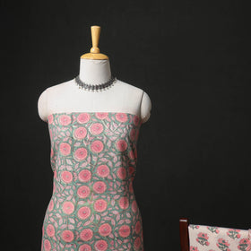 Floral Hand Block Sanganeri Print Woolen Unstitched Dress Material: Kurta, Bottom with Dupatta 35
