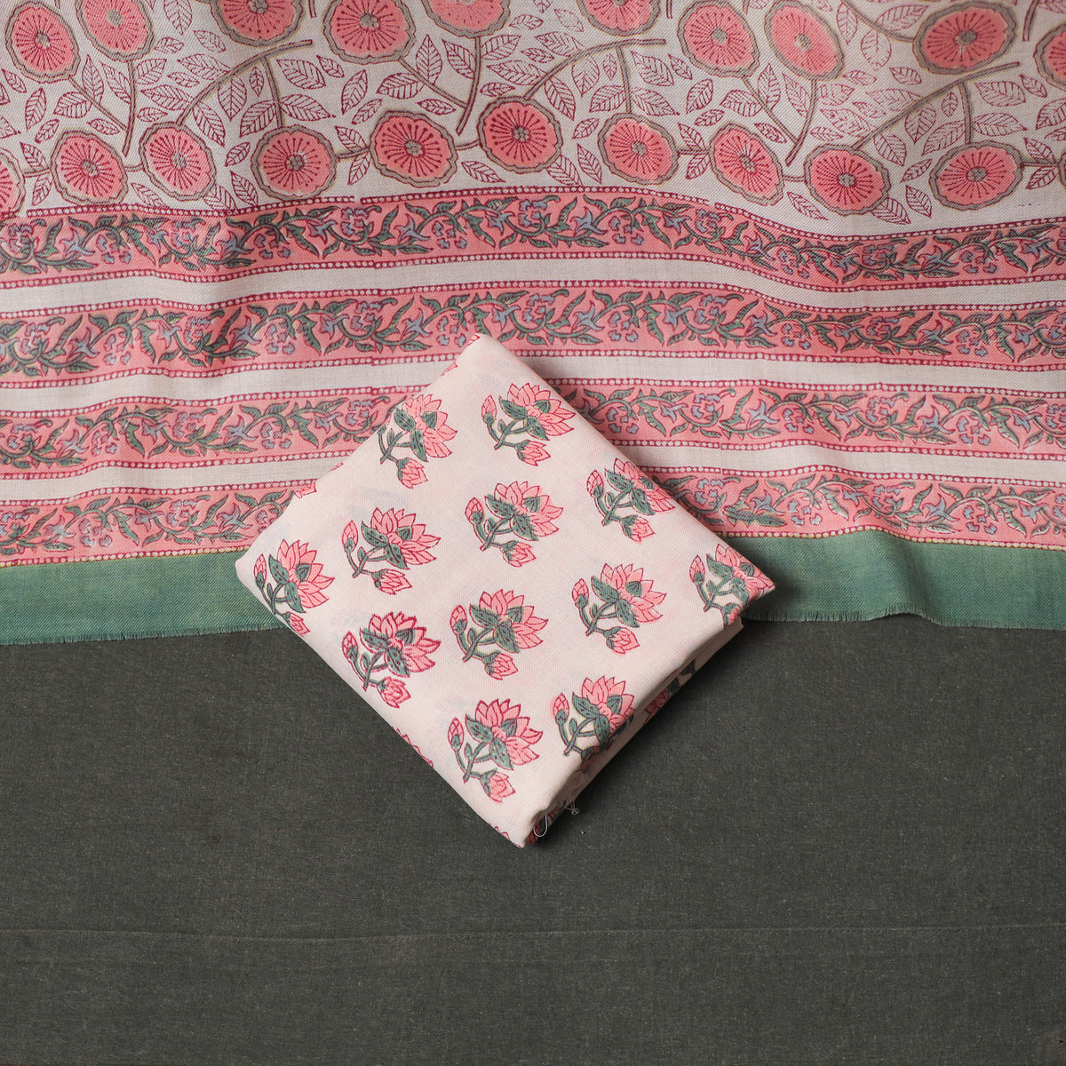 Floral Hand Block Sanganeri Print Woolen Unstitched Dress Material: Kurta, Bottom with Dupatta 35