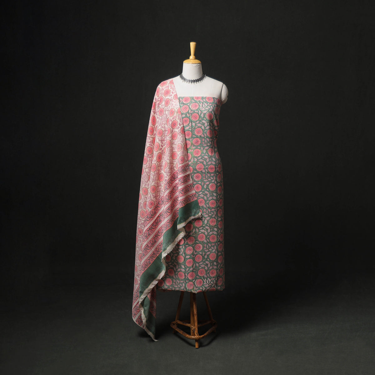 Floral Hand Block Sanganeri Print Woolen Unstitched Dress Material: Kurta, Bottom with Dupatta 35