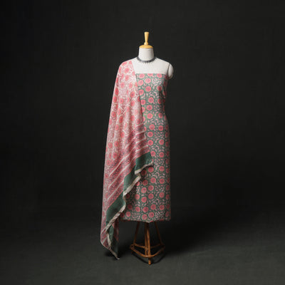 Floral Hand Block Sanganeri Print Woolen Unstitched Dress Material: Kurta, Bottom with Dupatta 35