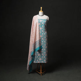Floral Hand Block Sanganeri Print Woolen Unstitched Dress Material: Kurta, Bottom with Dupatta 36