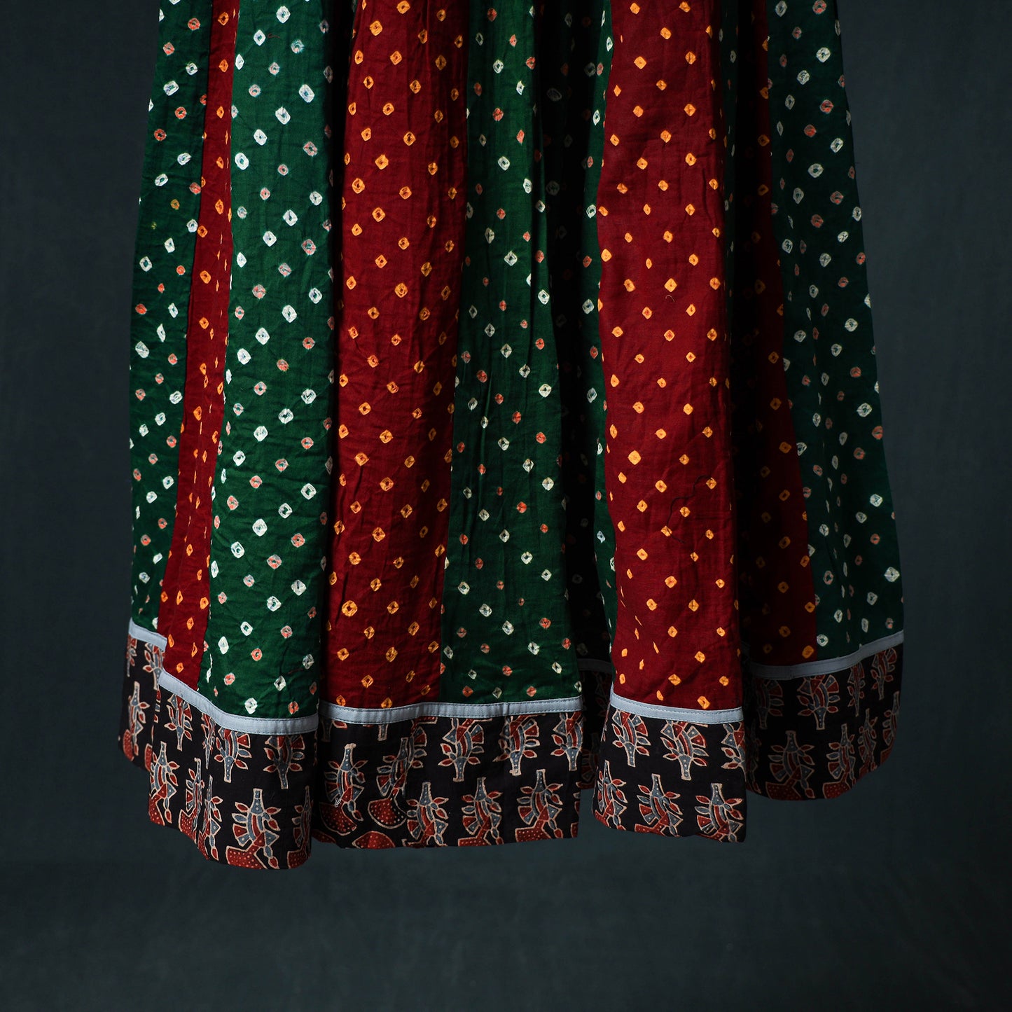 Bandhani Tie-Dye 24 Kali Patchwork Cotton Long Skirt with Ajrakh Border 84