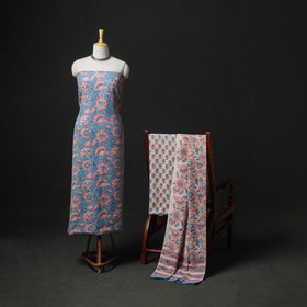 Floral Hand Block Sanganeri Print Woolen Unstitched Dress Material: Kurta, Bottom with Dupatta 37