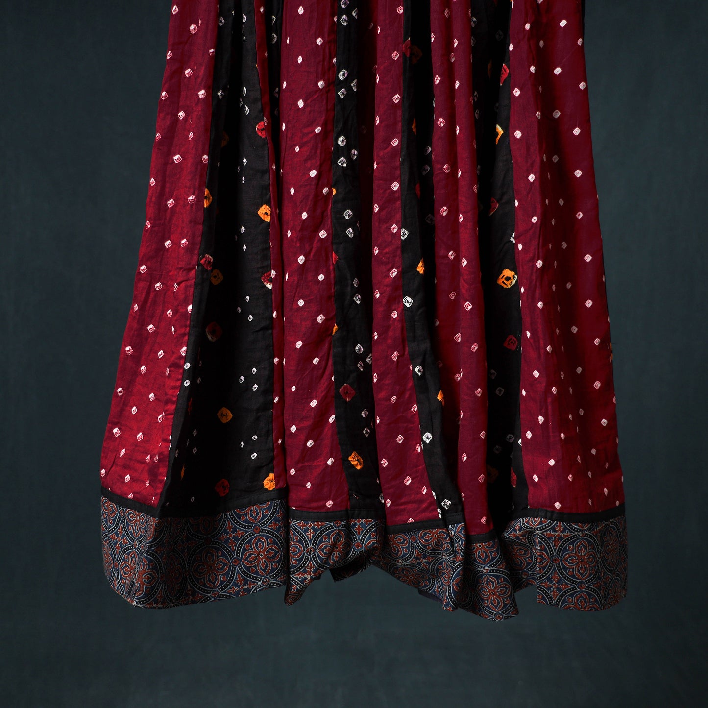 Bandhani Tie-Dye 24 Kali Patchwork Cotton Long Skirt with Ajrakh Border 85