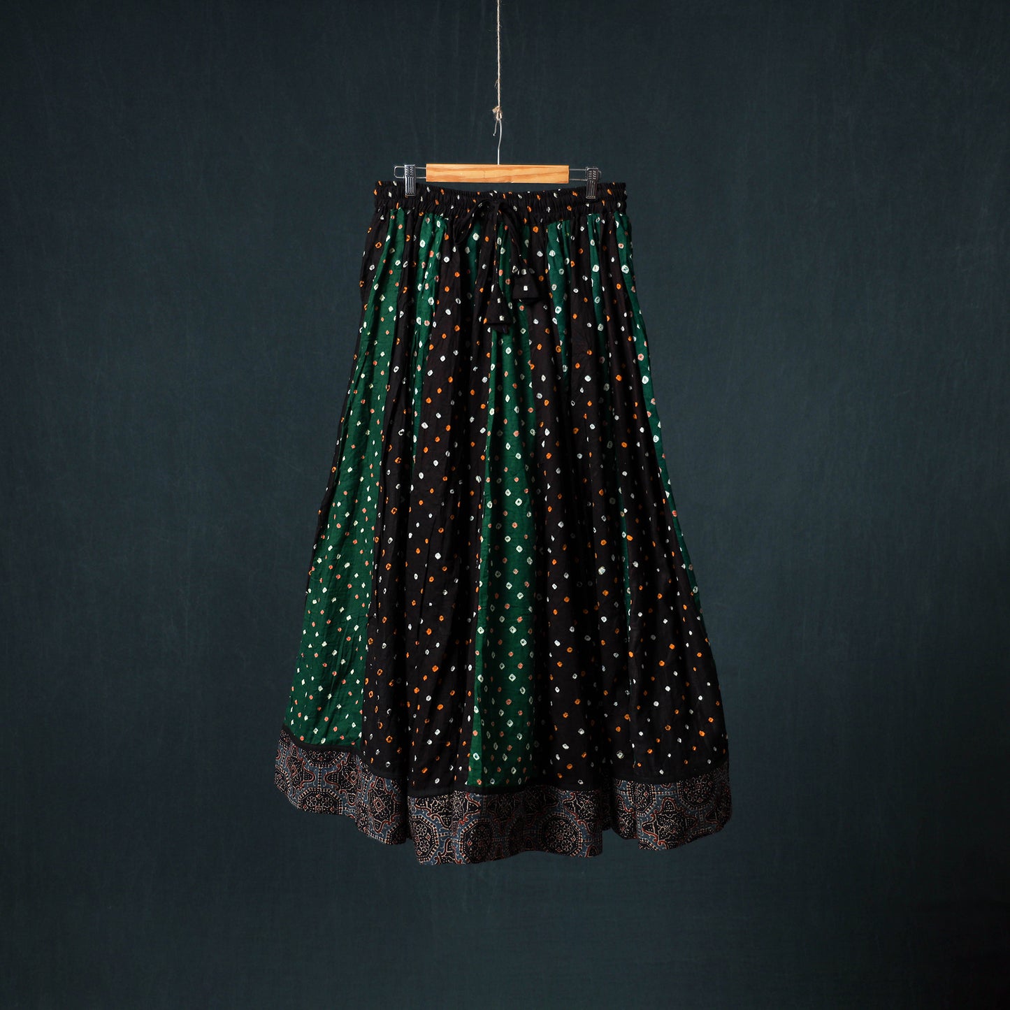 Bandhani Tie-Dye 24 Kali Patchwork Cotton Long Skirt with Ajrakh Border 86