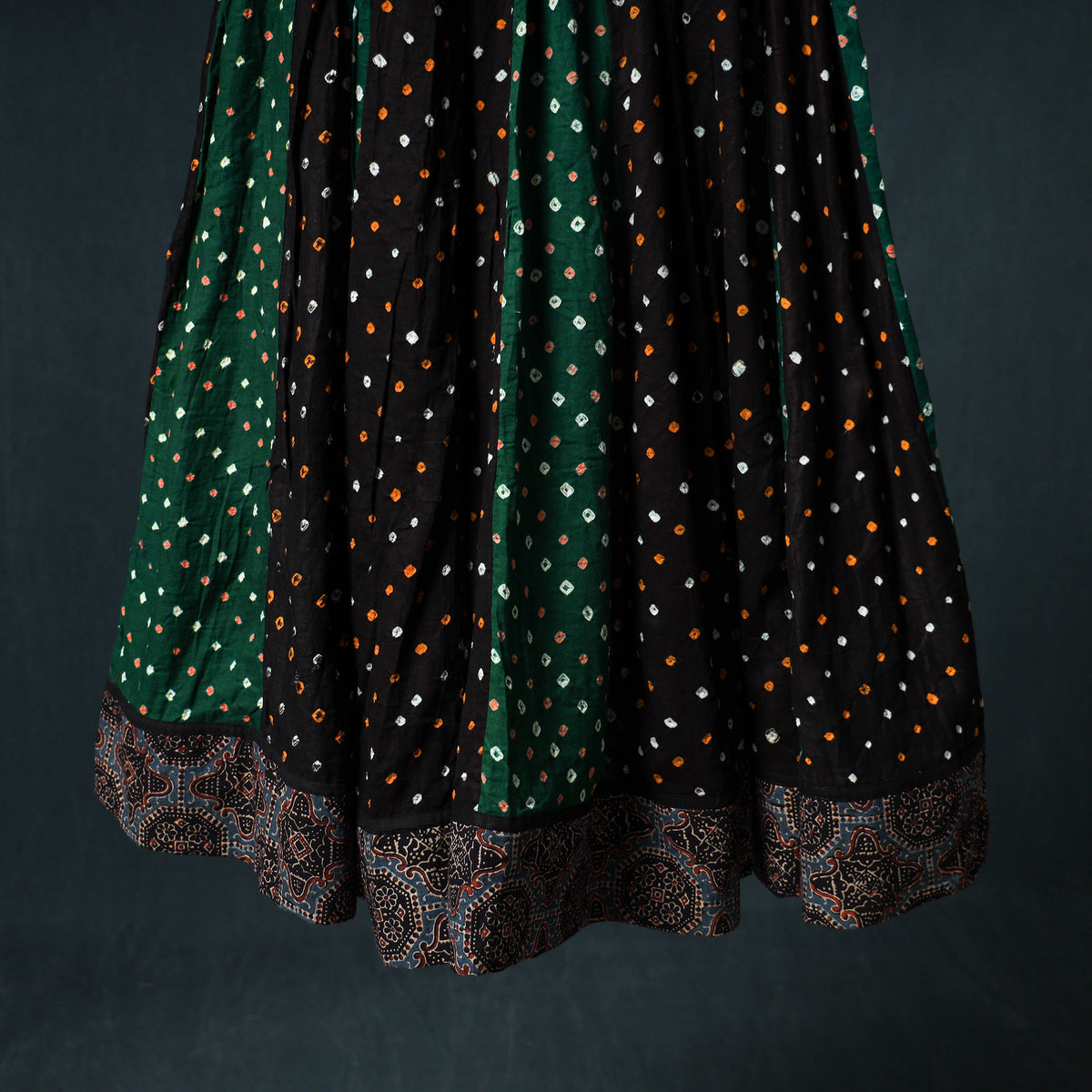 Bandhani Tie-Dye 24 Kali Patchwork Cotton Long Skirt with Ajrakh Border 86