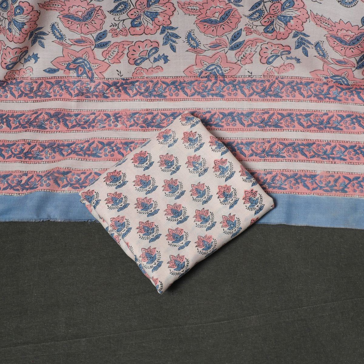 Floral Hand Block Sanganeri Print Woolen Unstitched Dress Material: Kurta, Bottom with Dupatta 37