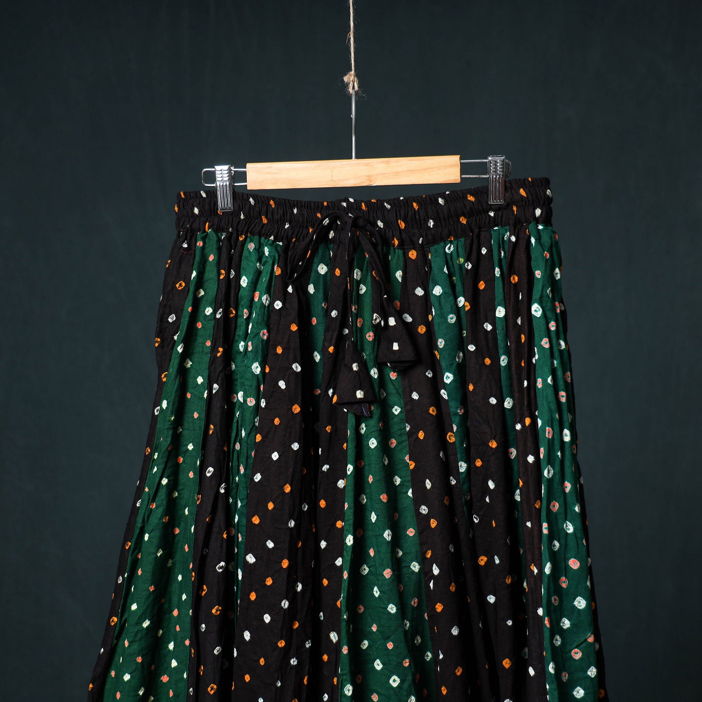 Bandhani Tie-Dye 24 Kali Patchwork Cotton Long Skirt with Ajrakh Border 86