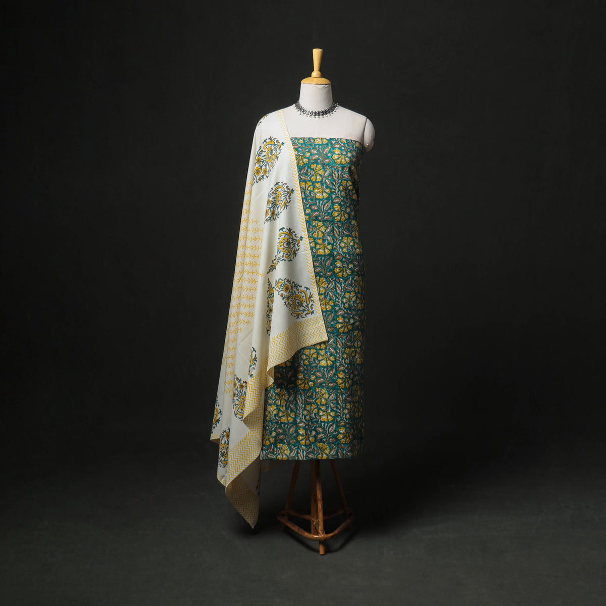 Floral Hand Block Sanganeri Print Woolen Unstitched Dress Material: Kurta, Bottom with Dupatta 38