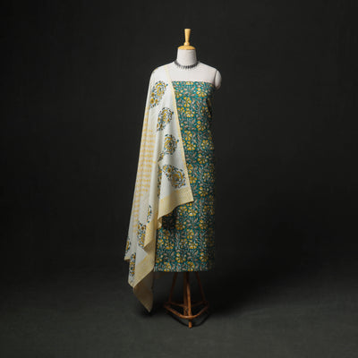 Floral Hand Block Sanganeri Print Woolen Unstitched Dress Material: Kurta, Bottom with Dupatta 38
