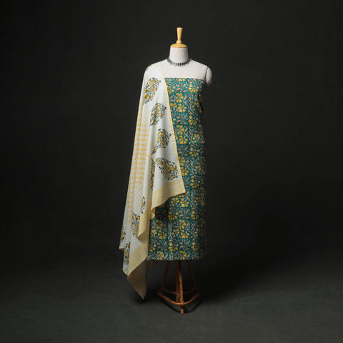 Floral Hand Block Sanganeri Print Woolen Unstitched Dress Material: Kurta, Bottom with Dupatta 38