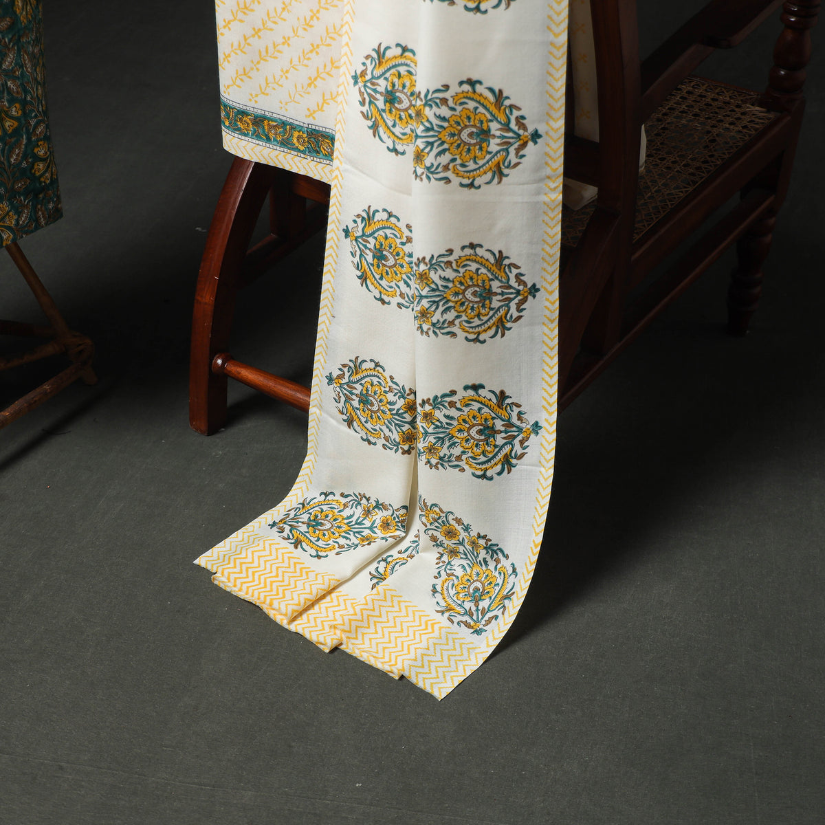 Floral Hand Block Sanganeri Print Woolen Unstitched Dress Material: Kurta, Bottom with Dupatta 38