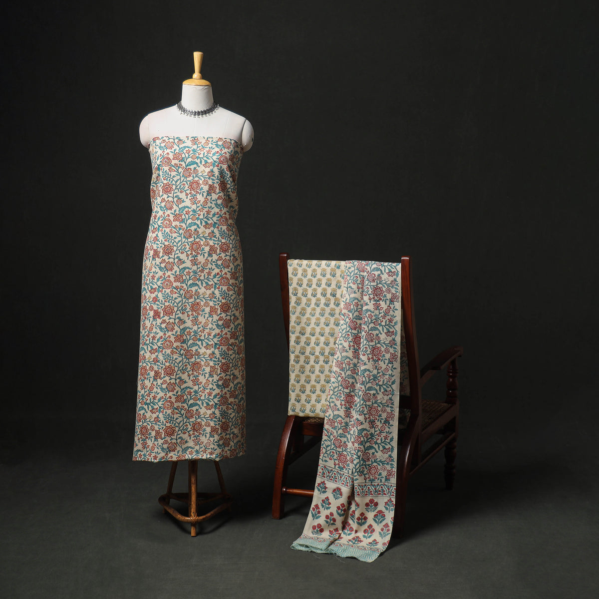 Floral Hand Block Sanganeri Print Woolen Unstitched Dress Material: Kurta, Bottom with Dupatta 39