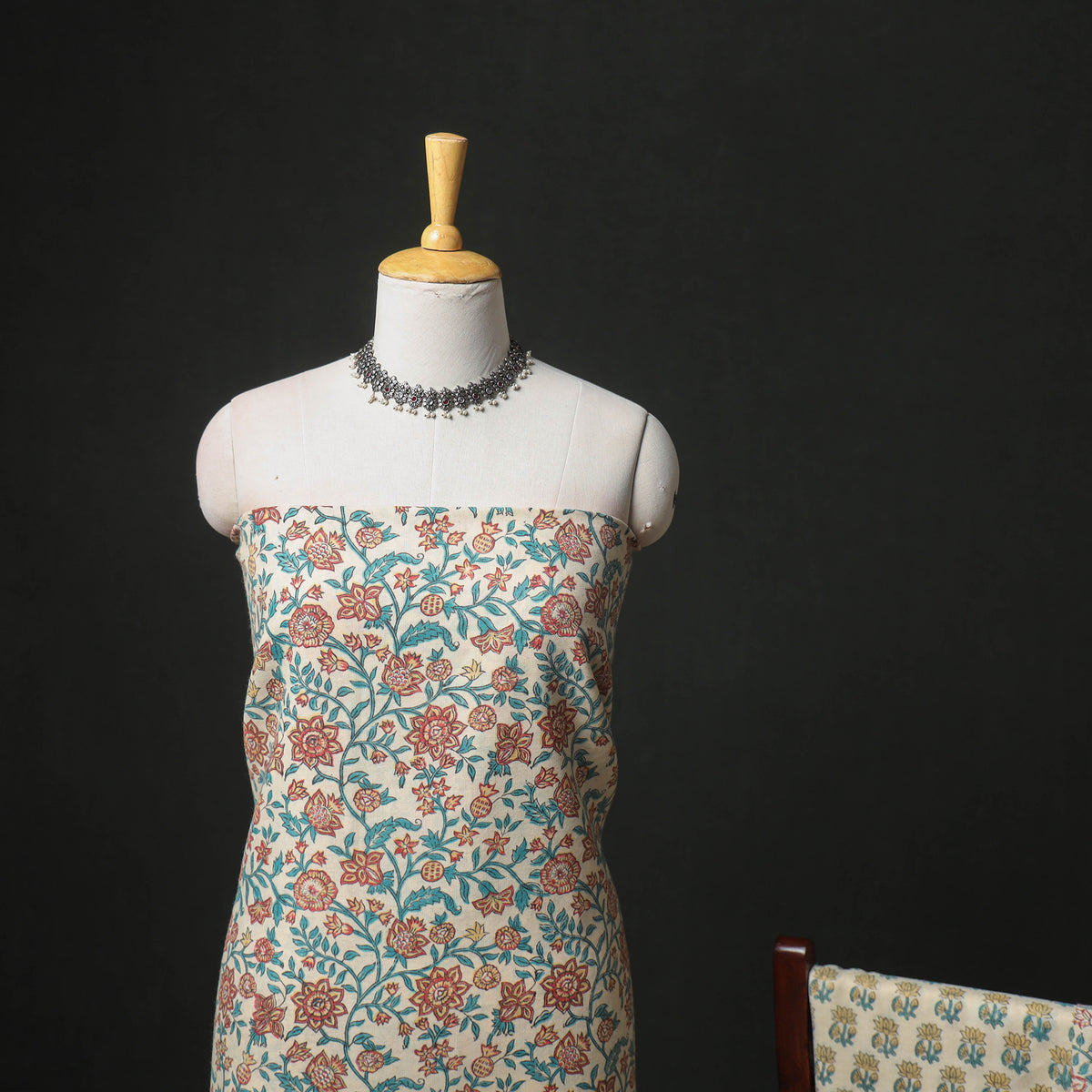 Floral Hand Block Sanganeri Print Woolen Unstitched Dress Material: Kurta, Bottom with Dupatta 39