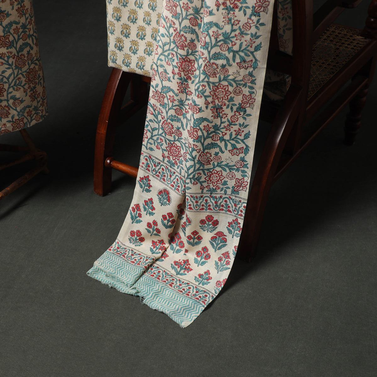 Floral Hand Block Sanganeri Print Woolen Unstitched Dress Material: Kurta, Bottom with Dupatta 39
