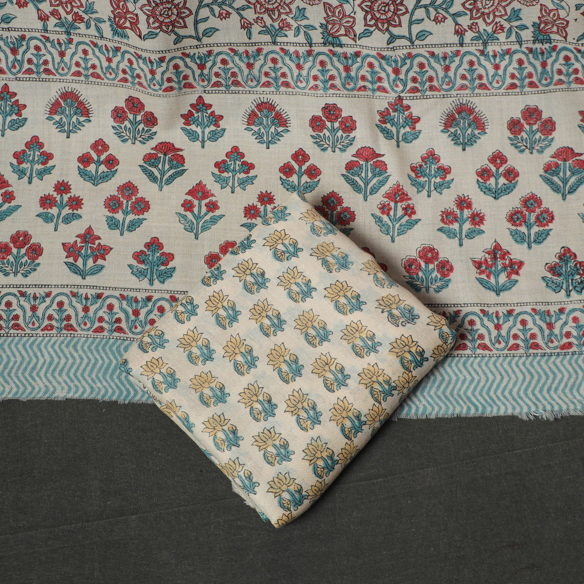 Floral Hand Block Sanganeri Print Woolen Unstitched Dress Material: Kurta, Bottom with Dupatta 39