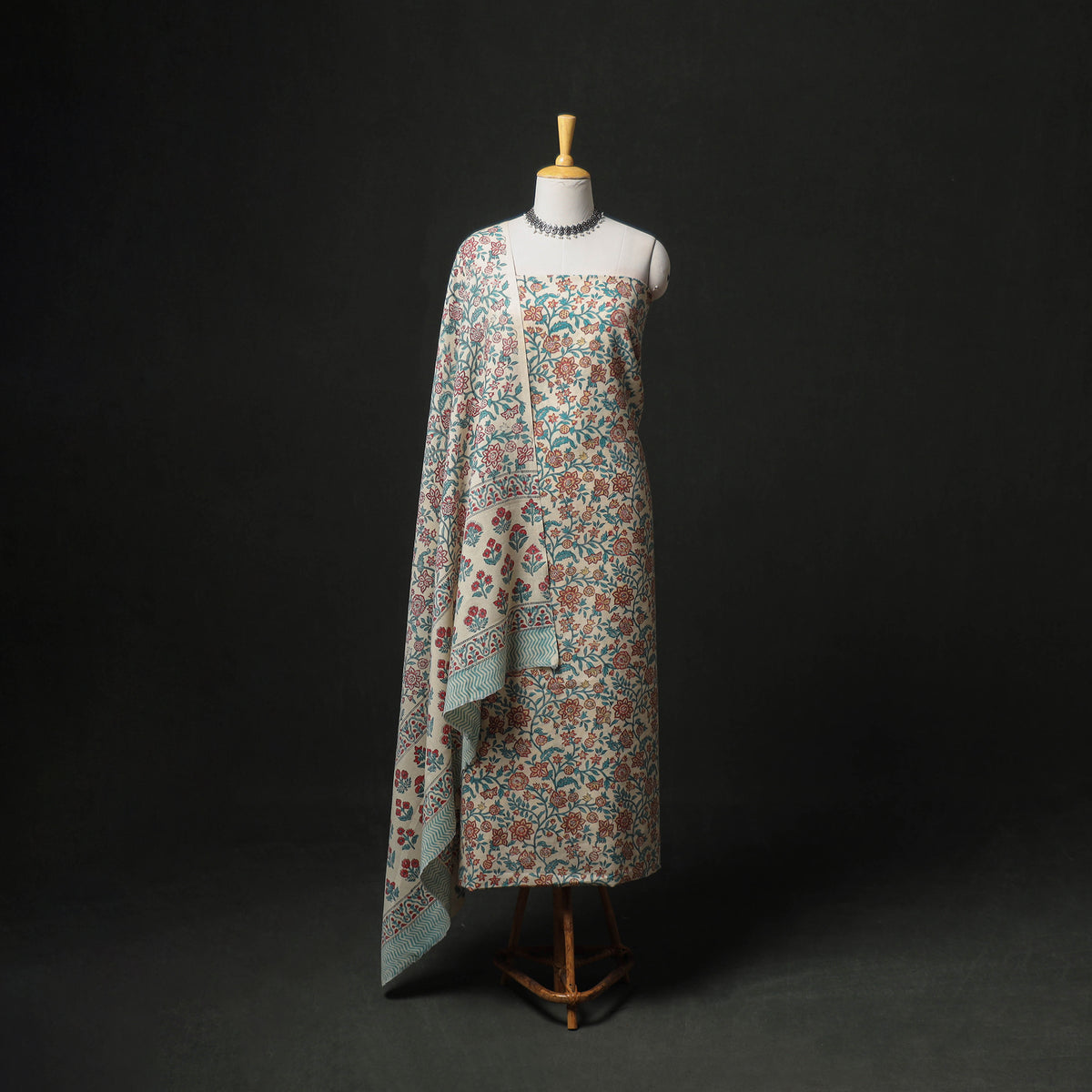 Floral Hand Block Sanganeri Print Woolen Unstitched Dress Material: Kurta, Bottom with Dupatta 39