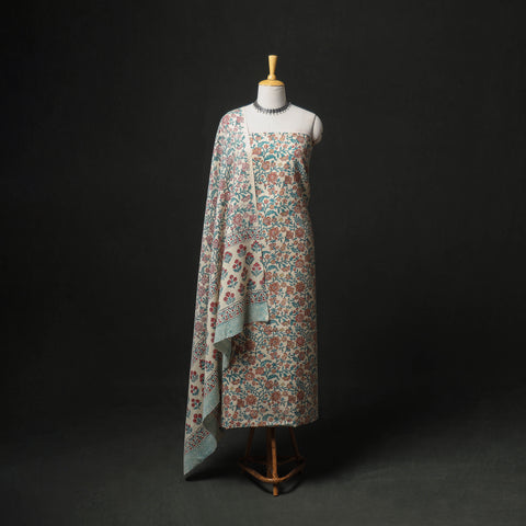 Floral Hand Block Sanganeri Print Woolen Unstitched Dress Material: Kurta, Bottom with Dupatta 39