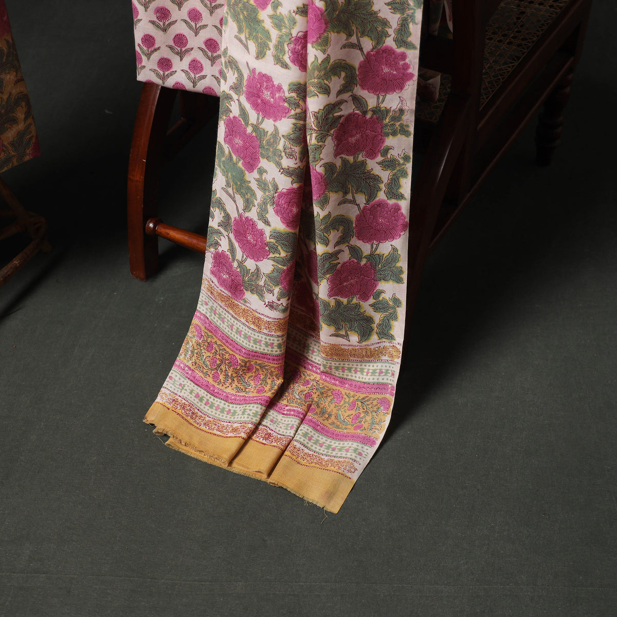 Floral Hand Block Sanganeri Print Woolen Unstitched Dress Material: Kurta, Bottom with Dupatta 40