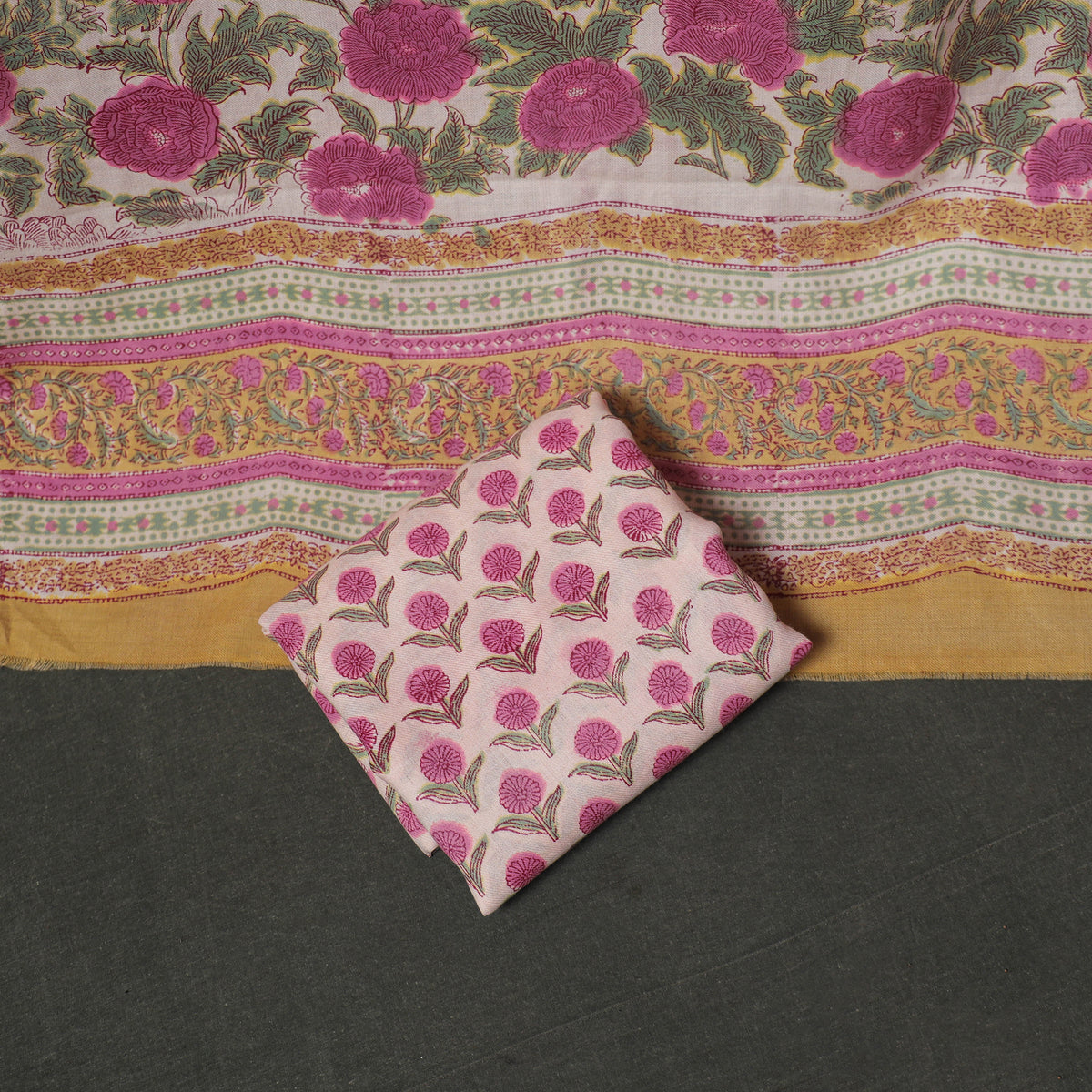 Floral Hand Block Sanganeri Print Woolen Unstitched Dress Material: Kurta, Bottom with Dupatta 40